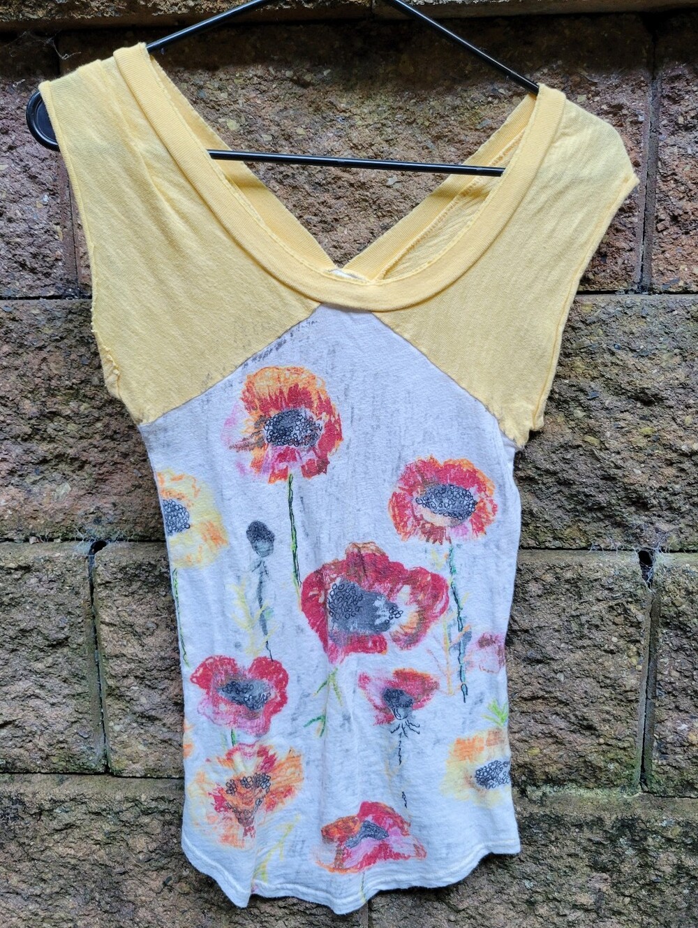 Vintage Free People Watercolor Slub Poppy Printed Color Block Off Shouler TEE XS